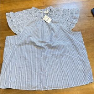 J Crew Factory XL Blue and White Pinstripe Flutter-Sleeve Blouse